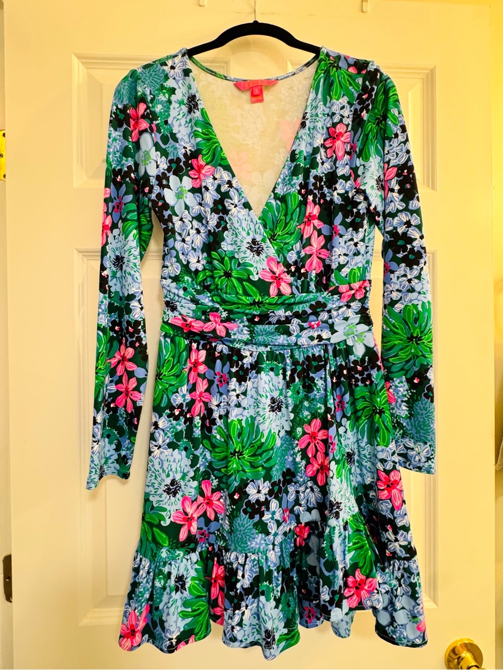 Lilly Pulitzer Floral V-Neck Long-Sleeve Dress Romper in Green, Pink & Blue
